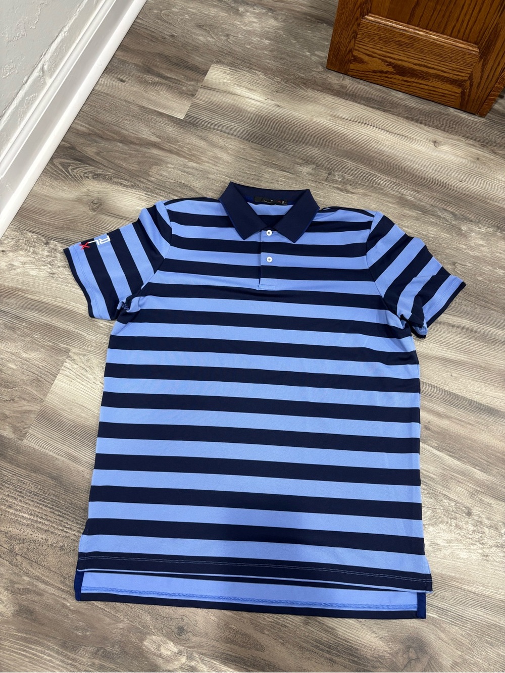 RLX Ralph Lauren Light Blue and Navy Striped Golf Polo